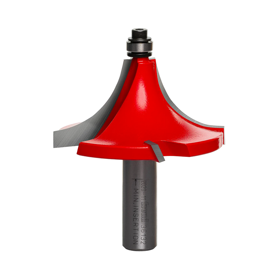 Studio shot of the Freud 36-132 Beading router bit featuring a red Perma-SHIELD body, four TiCo carbide cutters, 1/2 inch silver shank, and top ball bearing pilot.