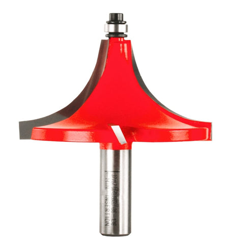 Studio shot of the Freud 36-136 Beading router bit featuring a red Perma-SHIELD body, four TiCo carbide cutters, 1/2 inch silver shank, and top ball bearing pilot.
