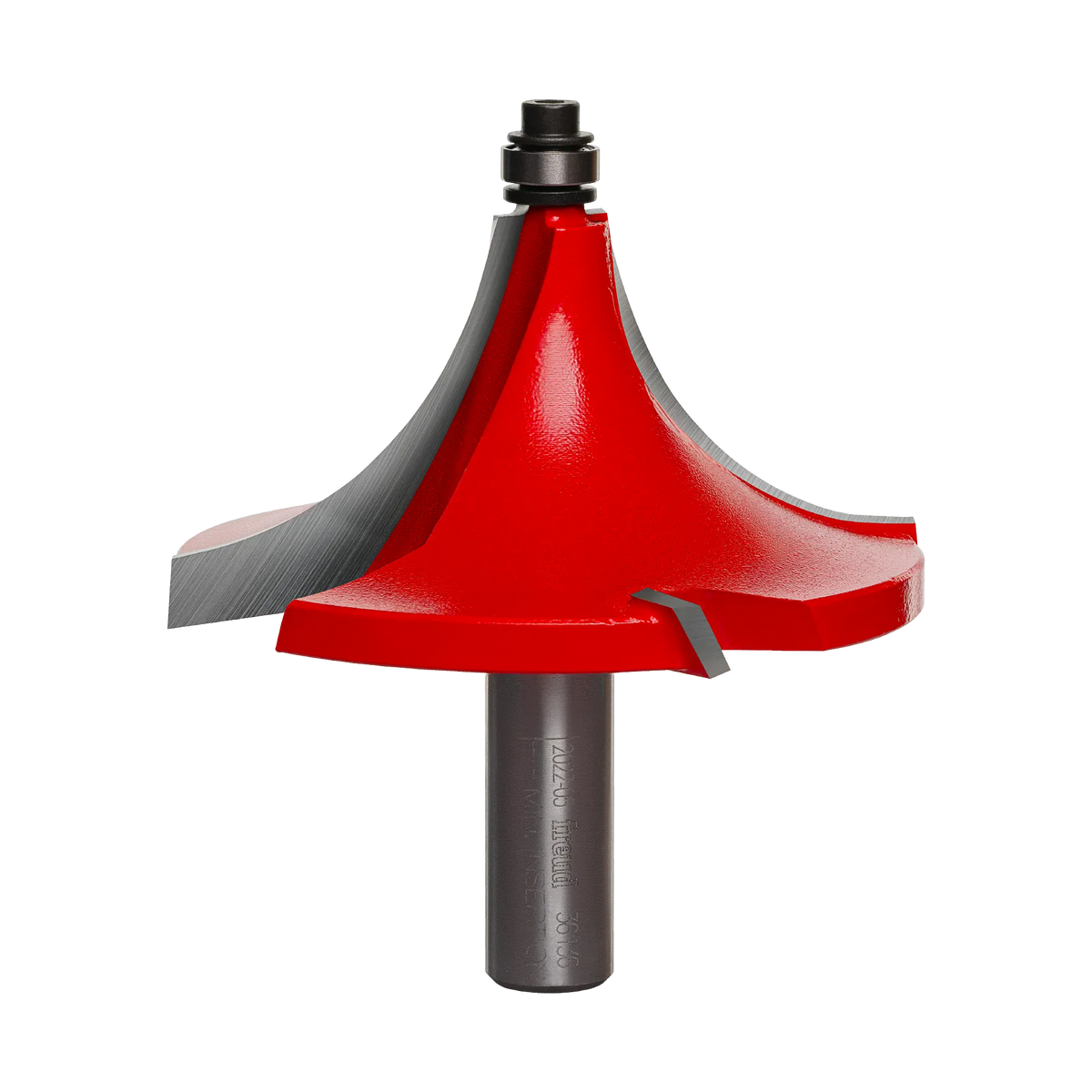 Studio shot of the Freud 36-136 Beading router bit featuring a red Perma-SHIELD body, four TiCo carbide cutters, 1/2 inch silver shank, and top ball bearing pilot.