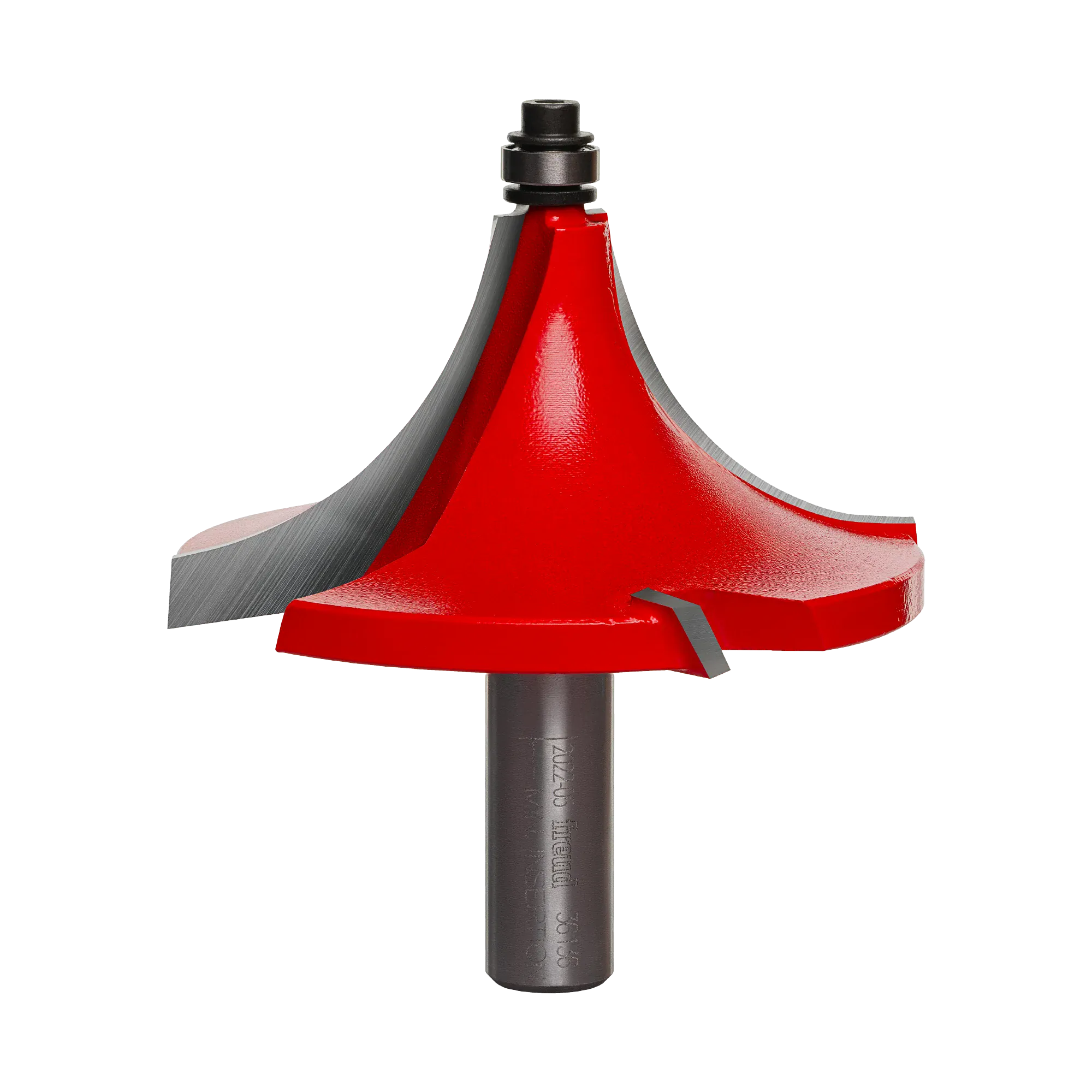 Studio shot of the Freud 36-136 Beading router bit featuring a red Perma-SHIELD body, four TiCo carbide cutters, 1/2 inch silver shank, and top ball bearing pilot.
