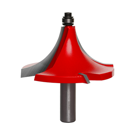 Studio shot of the Freud 36-136 Beading router bit featuring a red Perma-SHIELD body, four TiCo carbide cutters, 1/2 inch silver shank, and top ball bearing pilot.