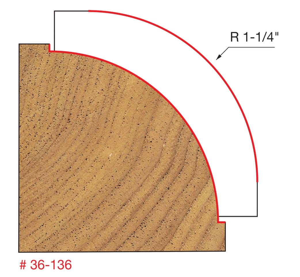 Technical profile diagram illustrating the 1-1/4 inch radius beading profile cut into a wood edge by the Freud 36-136 bit.