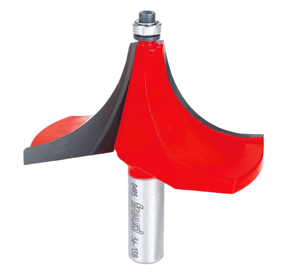 A professional studio photograph of the Freud 36-138 beading router bit, featuring a bright red-coated head with four Quadra-Cut carbide cutting edges, a top-mounted ball bearing pilot, and a polished 1/2 inch steel shank.