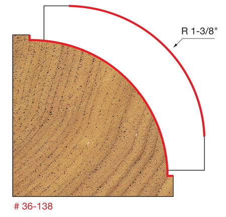 A technical diagram for the Freud 36-138 bit, showing a wood cross-section with a precise 1-3/8 inch radius decorative beading profile that includes a distinct inset bead at the base of the curve.