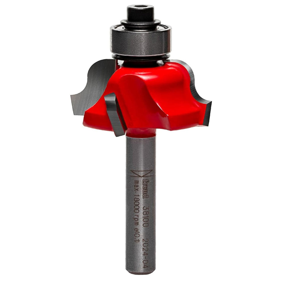 Freud 38-100 1-1/16-inch Roman Ogee router bit featuring a 1/4-inch shank, red Perma-SHIELD coating, and a 4-cutter Quadra-Cut design for decorative furniture edges.