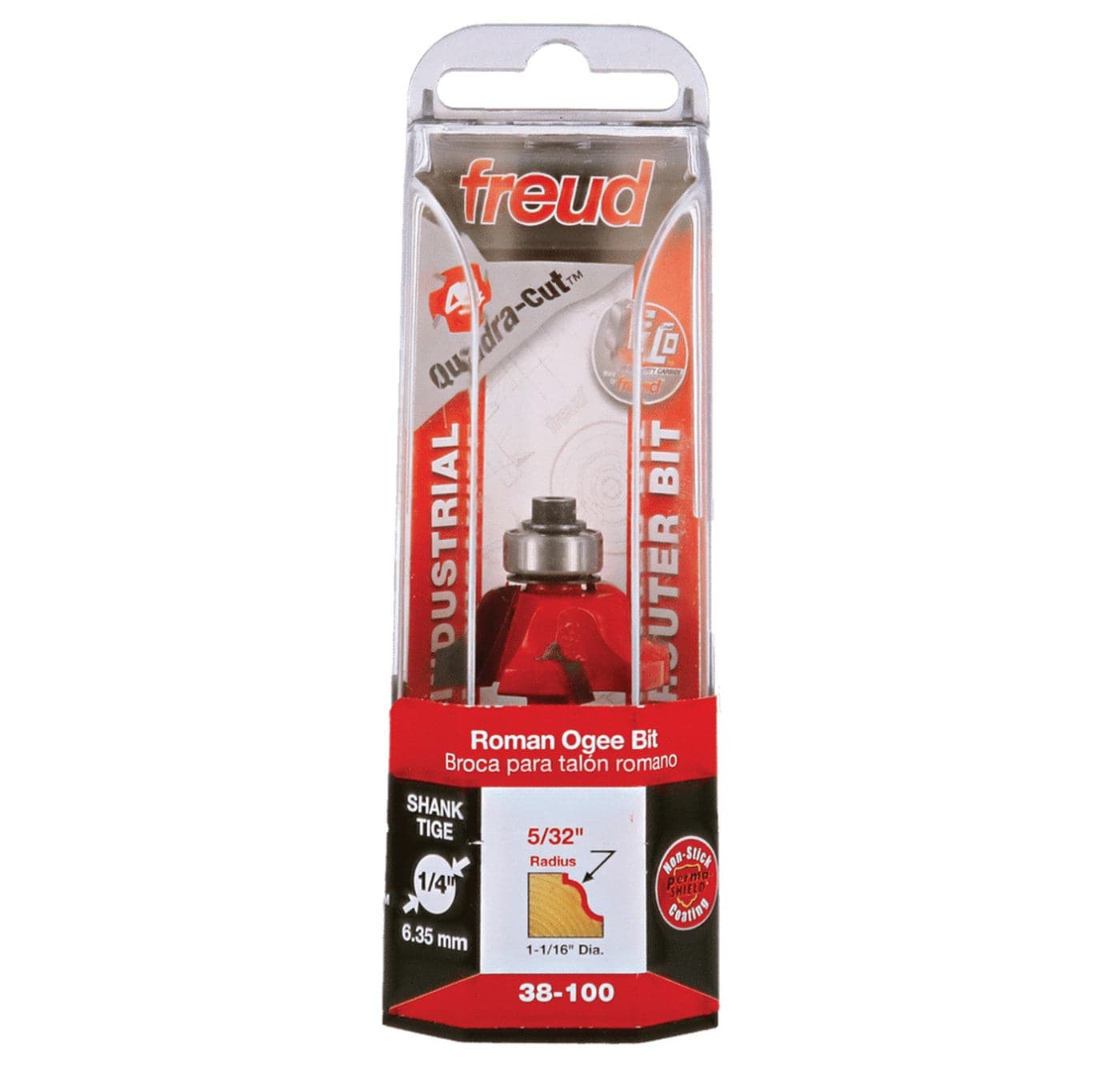 Freud 38-100 Roman Ogee router bit displayed in its protective retail packaging, highlighting the 1/4-inch shank and 5/32-inch cutting radius.