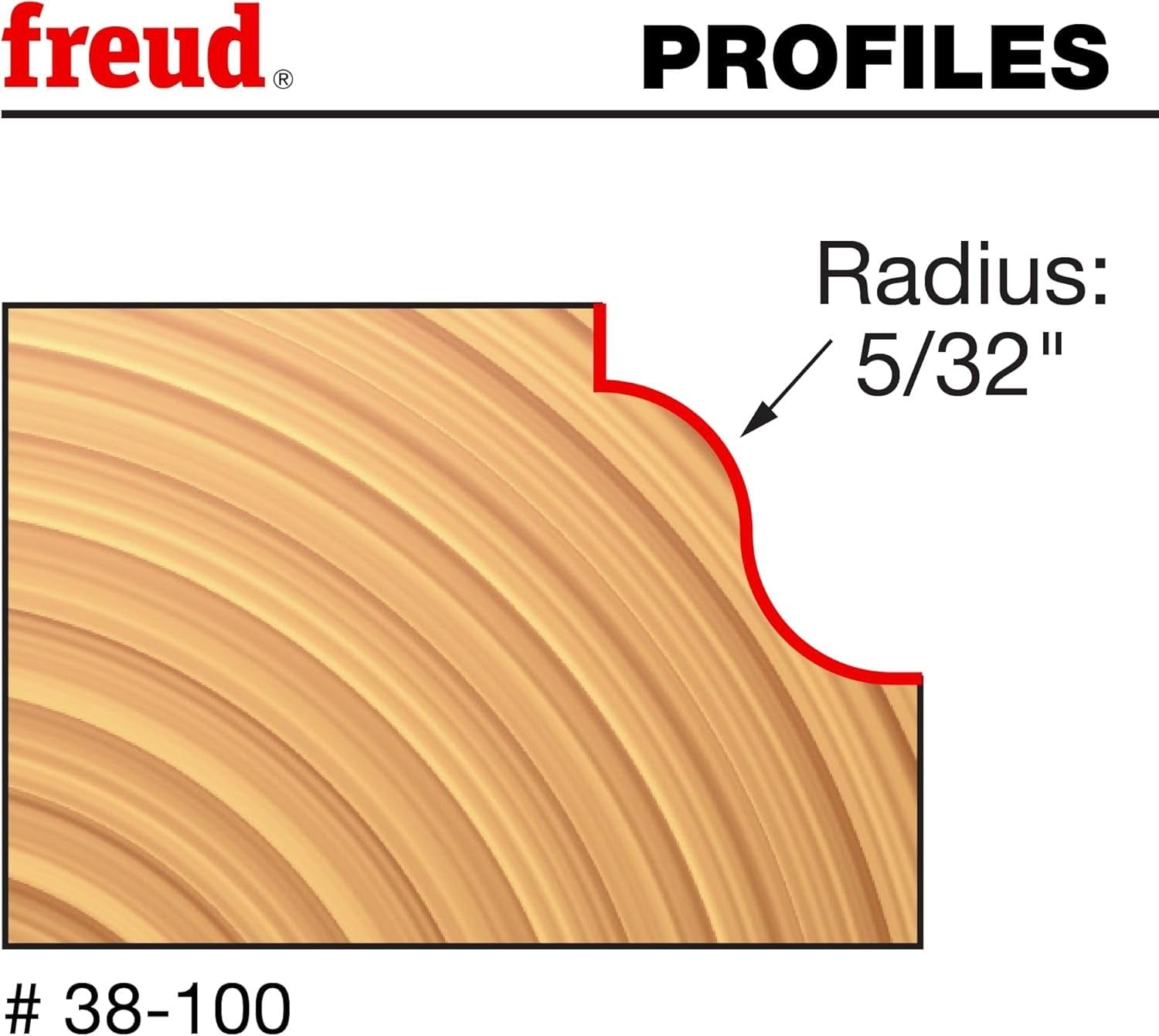 Woodworking profile diagram illustrating the precise 5/32-inch radius Roman Ogee "S" curve decorative edge created by the Freud 38-100 router bit.