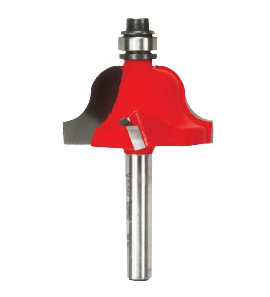 Product photo of the Freud 38-102 Roman Ogee router bit, showing the red cutter body, ball bearing guide, and the metal shank with engraved text.