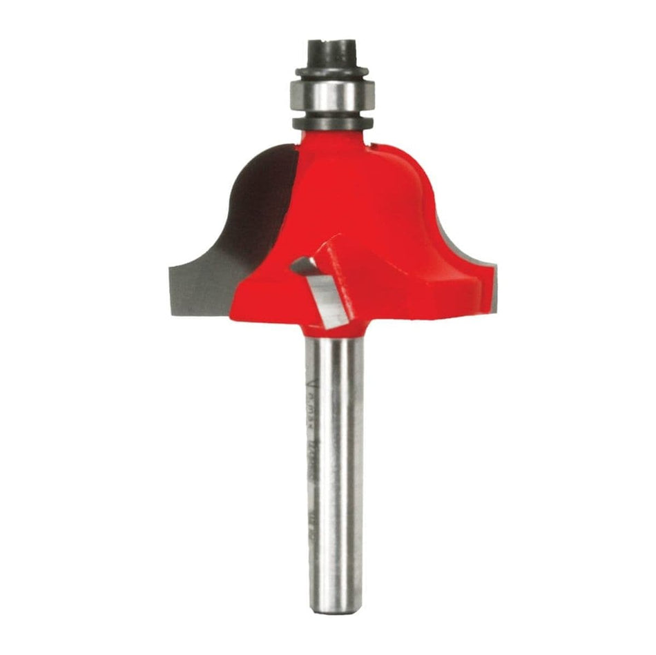 Product photo of the Freud 38-102 Roman Ogee router bit, showing the red cutter body, ball bearing guide, and the metal shank with engraved text.