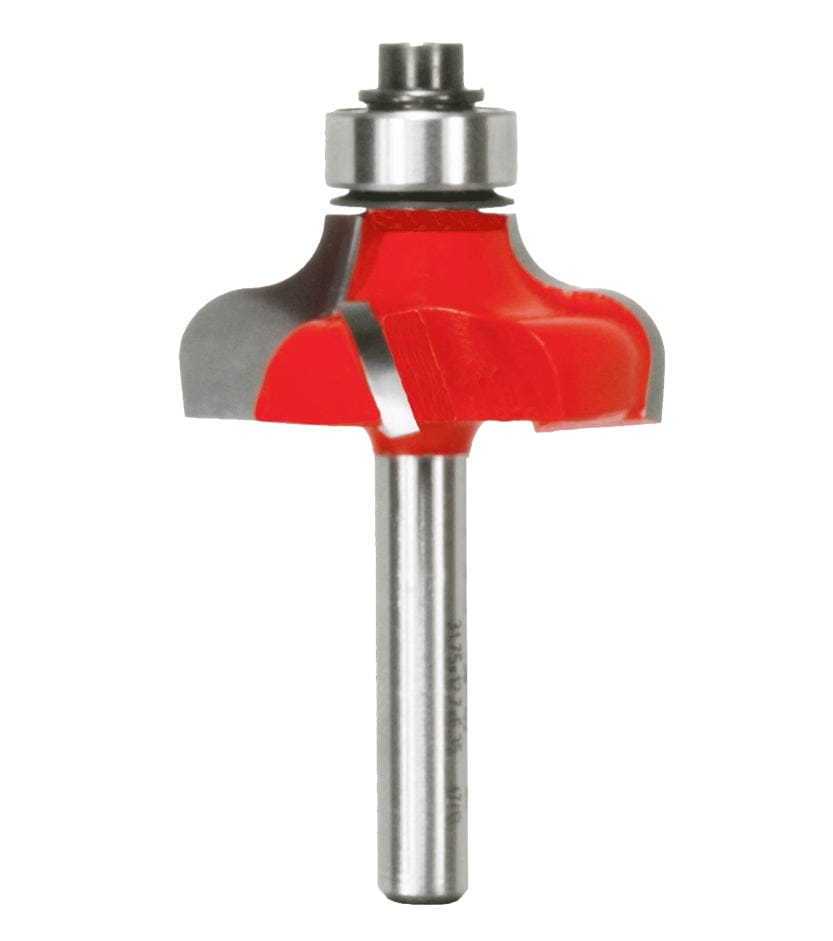 Studio shot of the Freud 38-152 Ogee router bit featuring a red Perma-SHIELD body, four Quadra-Cut carbide cutters, a 1/4 inch steel shank, and a top-mounted ball bearing guide.