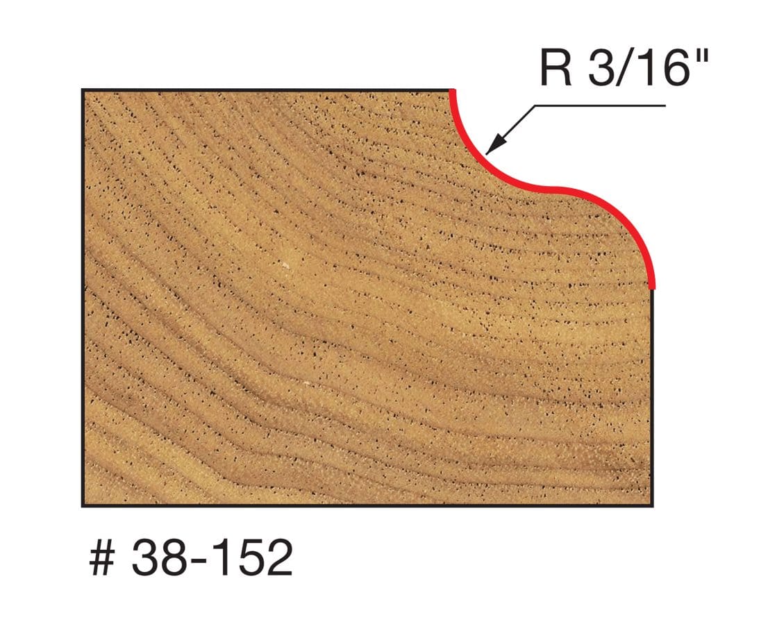 Technical diagram illustrating the profile cut made by the Freud 38-152 bit into a wood edge, showing the Ogee shape and specifying a 3/16 inch radius.