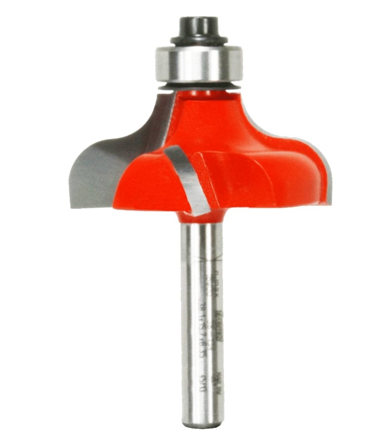 Studio shot of the Freud 38-154 Ogee router bit featuring a red Perma-SHIELD body, four Quadra-Cut carbide cutters, 1/4 inch shank, and ball bearing guide.
