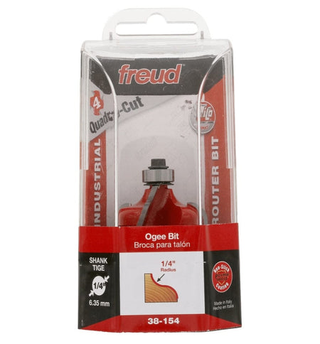 Retail packaging for the Freud 38-154 Industrial Router Bit, displaying the bit inside a plastic case with text indicating an Ogee profile, 1/4 inch radius, and 1/4 inch shank.