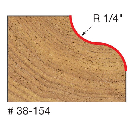Technical profile diagram illustrating the Ogee shape cut by the Freud 38-154 bit into a wood edge, specifying a 1/4 inch radius.