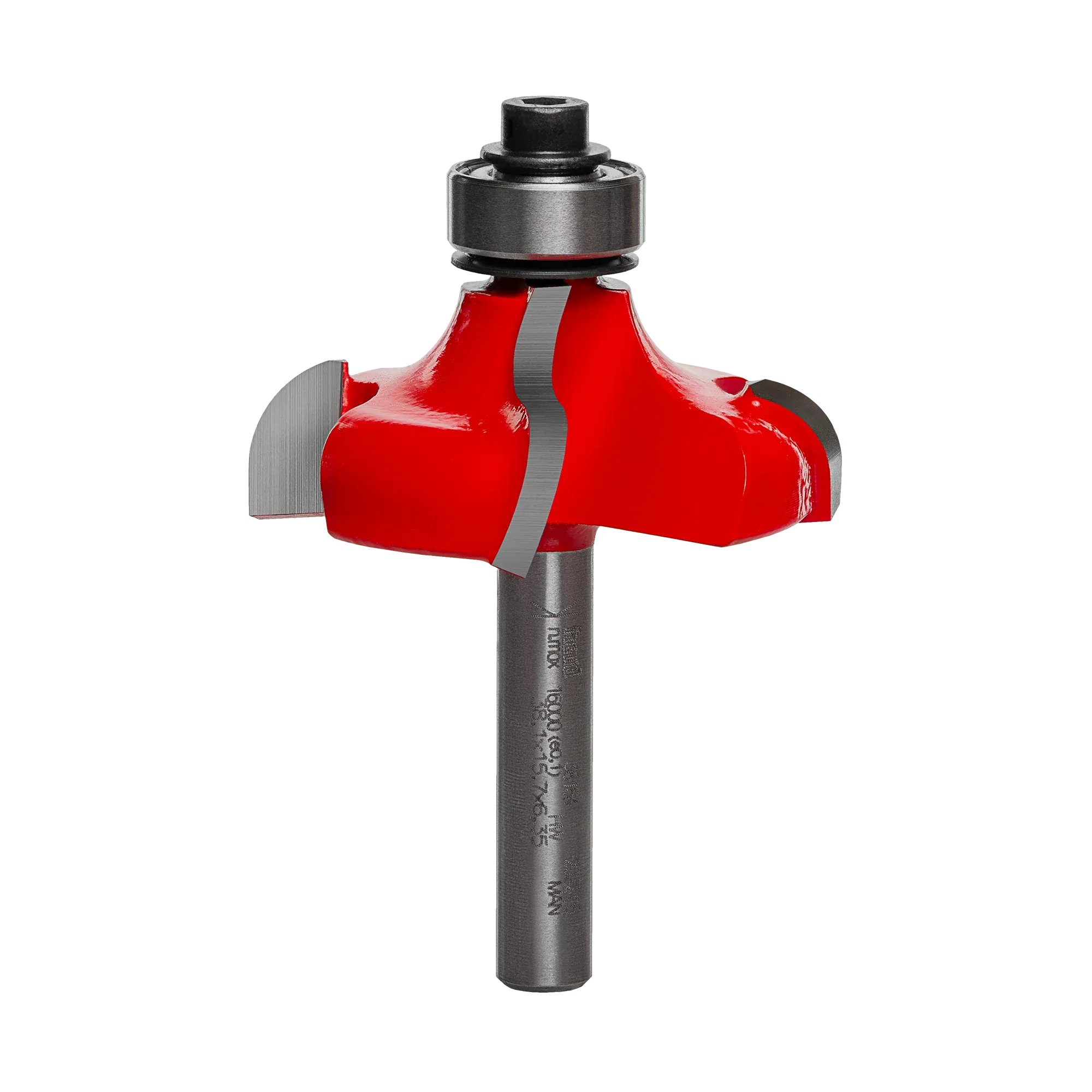 Studio shot of the Freud 38-154 Ogee router bit featuring a red Perma-SHIELD body, four Quadra-Cut carbide cutters, 1/4 inch shank, and ball bearing guide.