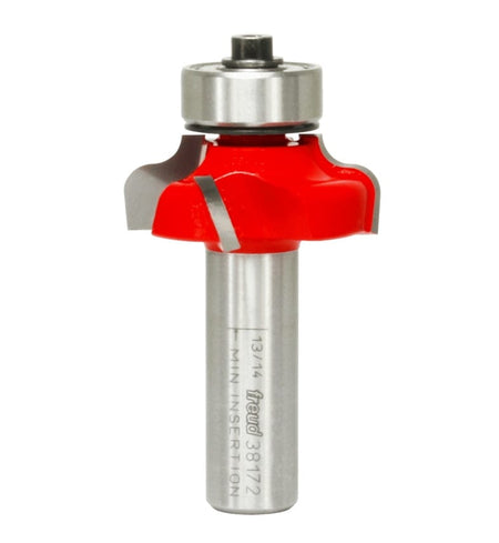 Studio shot of the Freud 38-172 Roman Ogee router bit featuring a red Perma-SHIELD body, four Quadra-Cut carbide cutters, 1/2 inch silver shank, and top bearing guide.
