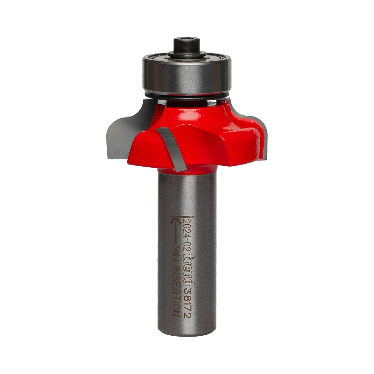 Studio shot of the Freud 38-172 Roman Ogee router bit featuring a red Perma-SHIELD body, four Quadra-Cut carbide cutters, 1/2 inch silver shank, and top bearing guide.