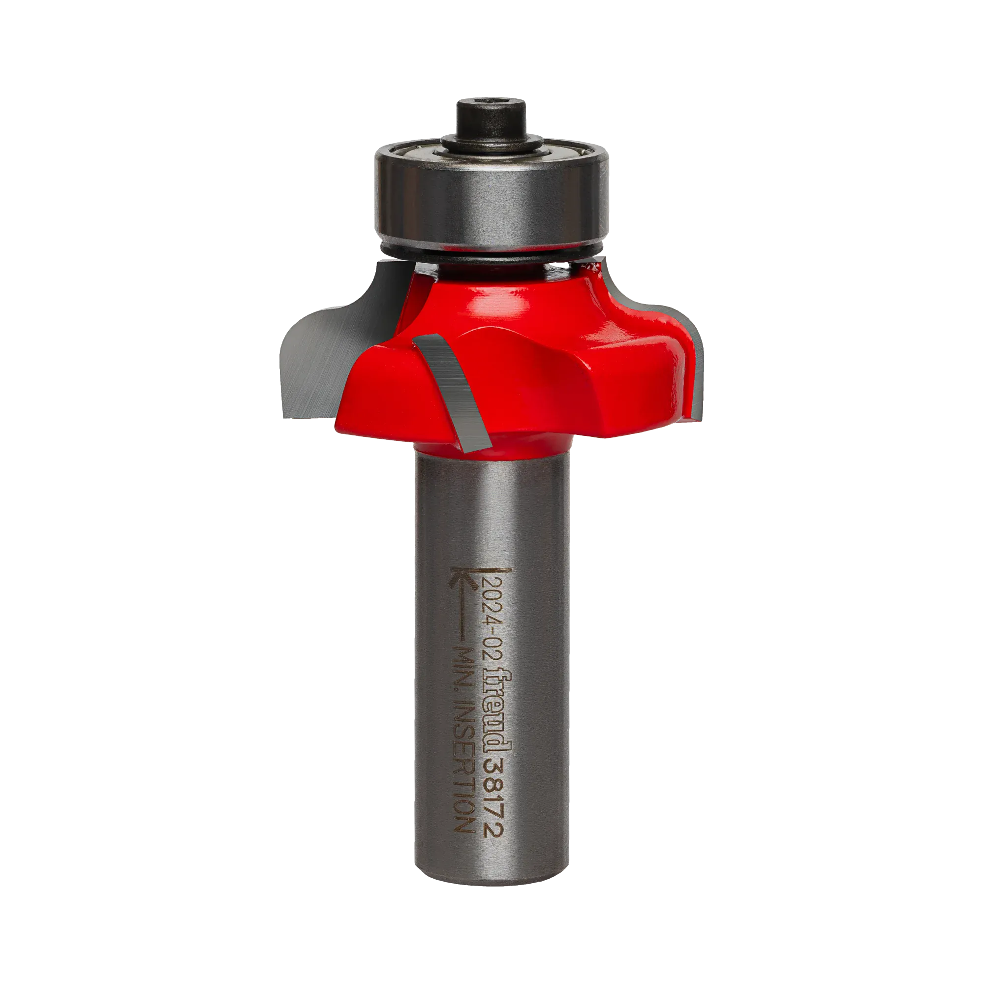 Studio shot of the Freud 38-172 Roman Ogee router bit featuring a red Perma-SHIELD body, four Quadra-Cut carbide cutters, 1/2 inch silver shank, and top bearing guide.