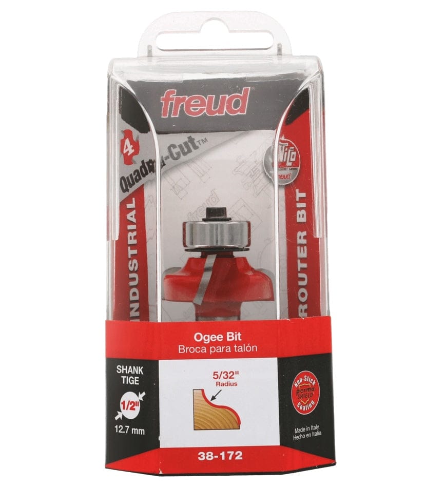 Retail packaging for the Freud 38-172 Industrial Router Bit, displaying the bit inside a plastic case with text indicating an Ogee profile, 5/32 inch radius, and 1/2 inch shank.