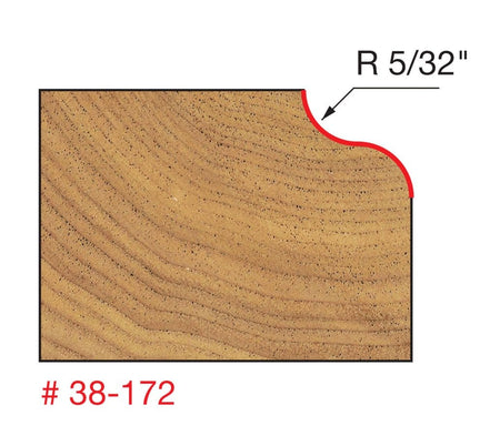 Technical diagram illustrating the Roman Ogee profile cut made by the Freud 38-172 bit into a wood edge, specifying a 5/32 inch radius.
