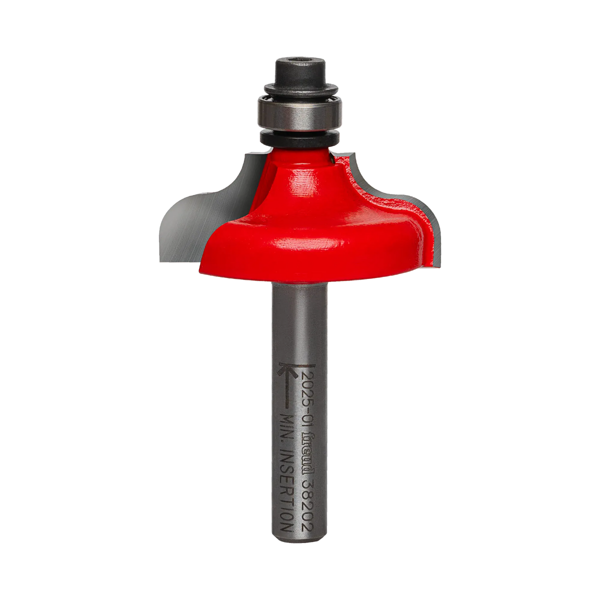 Studio shot of the Freud 38-202 Ogee and Fillet router bit featuring a red Perma-SHIELD body, two carbide cutters, 1/4 inch silver shank, and top ball bearing guide.
