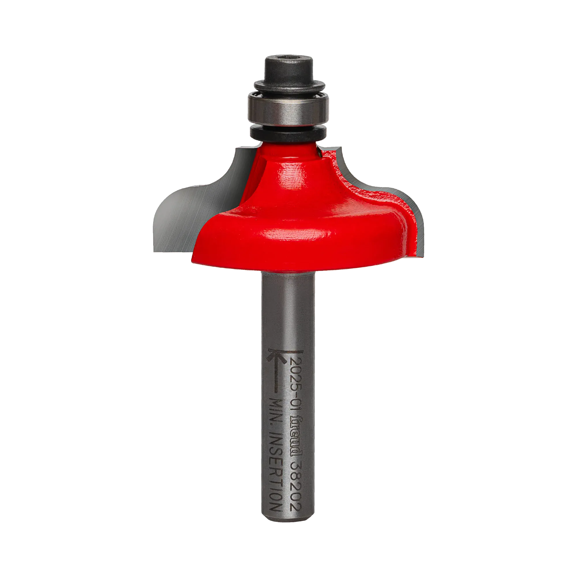Studio shot of the Freud 38-202 Ogee and Fillet router bit featuring a red Perma-SHIELD body, two carbide cutters, 1/4 inch silver shank, and top ball bearing guide.