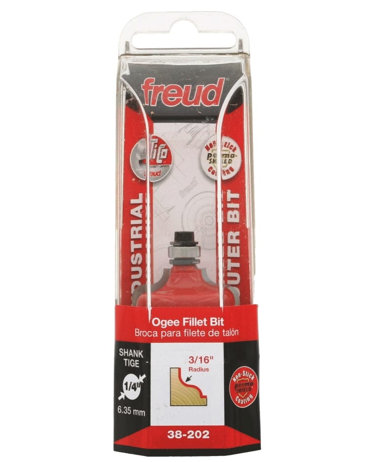 Retail packaging for the Freud 38-202 Industrial Router Bit, displaying the bit inside a plastic case with text indicating an Ogee Fillet profile, 3/16 inch radius, and 1/4 inch shank.