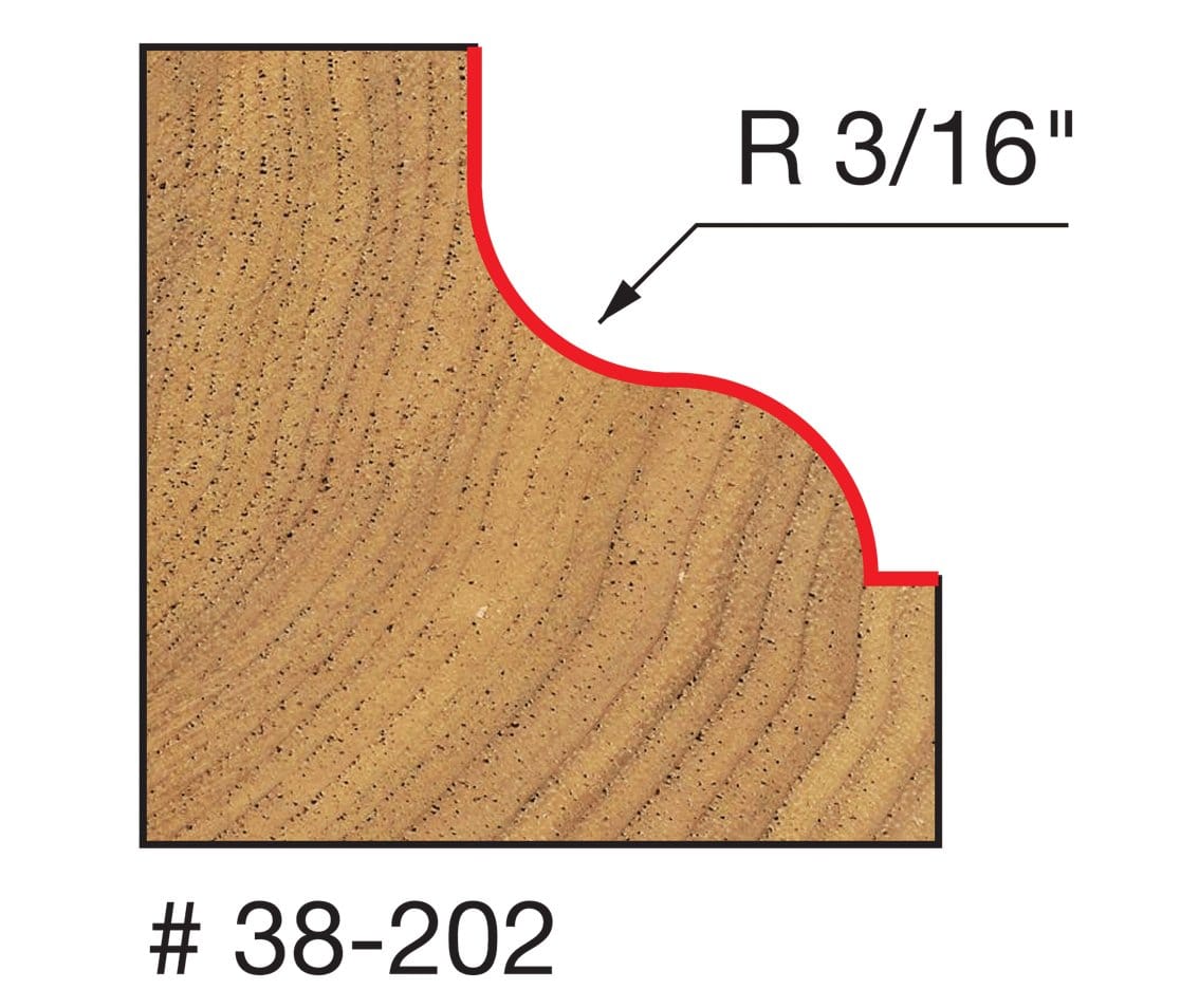 Technical diagram illustrating the Ogee and Fillet profile cut made by the Freud 38-202 bit into a wood edge, specifying a 3/16 inch radius.