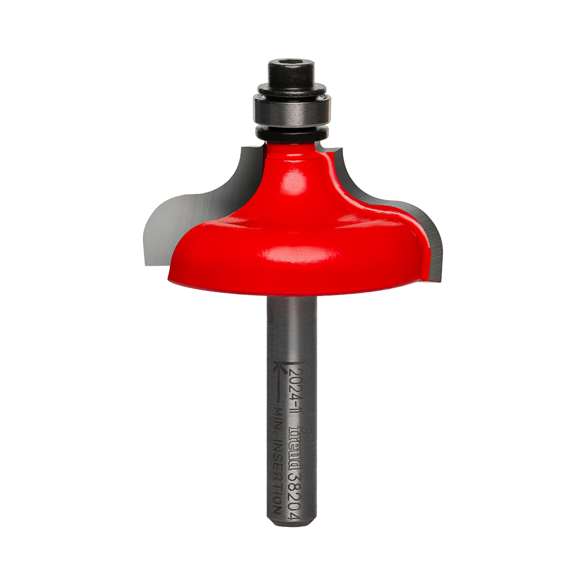 Studio shot of the Freud 38-204 Ogee and Fillet router bit featuring a red Perma-SHIELD body, two carbide cutters, 1/4 inch silver shank, and top ball bearing guide.