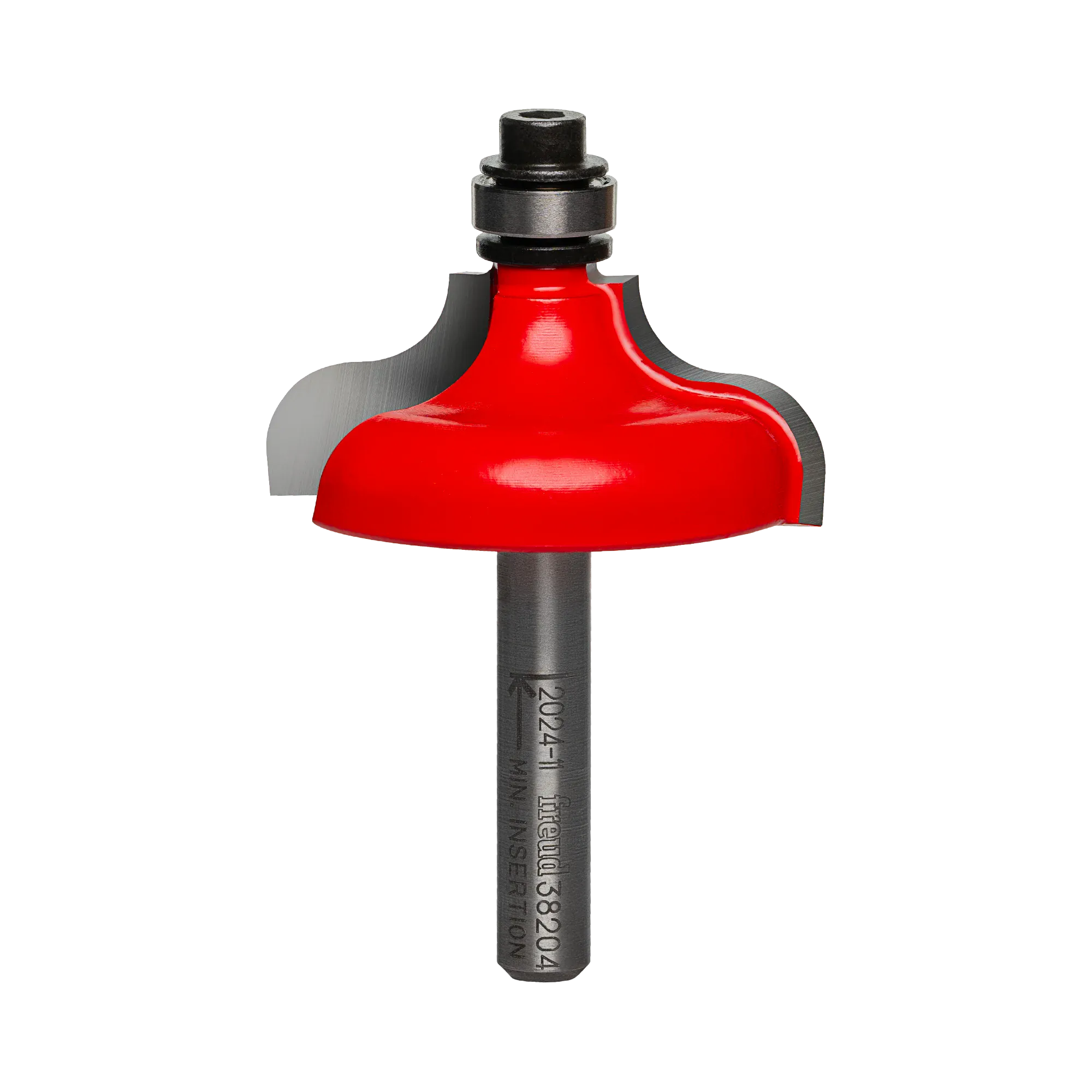 Studio shot of the Freud 38-204 Ogee and Fillet router bit featuring a red Perma-SHIELD body, two carbide cutters, 1/4 inch silver shank, and top ball bearing guide.
