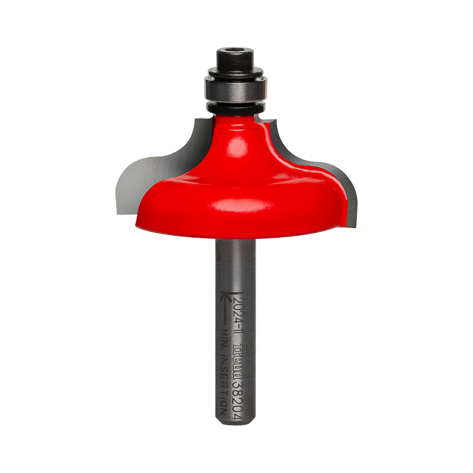 Studio shot of the Freud 38-204 Ogee and Fillet router bit featuring a red Perma-SHIELD body, two carbide cutters, 1/4 inch silver shank, and top ball bearing guide.