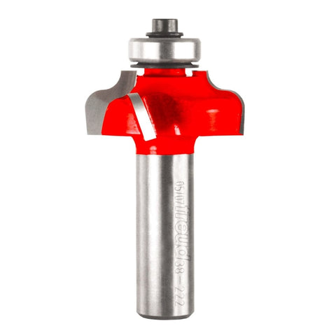 Studio shot of the Freud 38-222 Ogee Fillet router bit featuring a red Perma-SHIELD body, four Quadra-Cut carbide cutters, 1/2 inch silver shank, and top ball bearing guide.