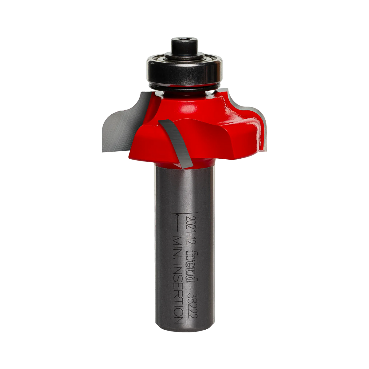 Studio shot of the Freud 38-222 Ogee Fillet router bit featuring a red Perma-SHIELD body, four Quadra-Cut carbide cutters, 1/2 inch silver shank, and top ball bearing guide.