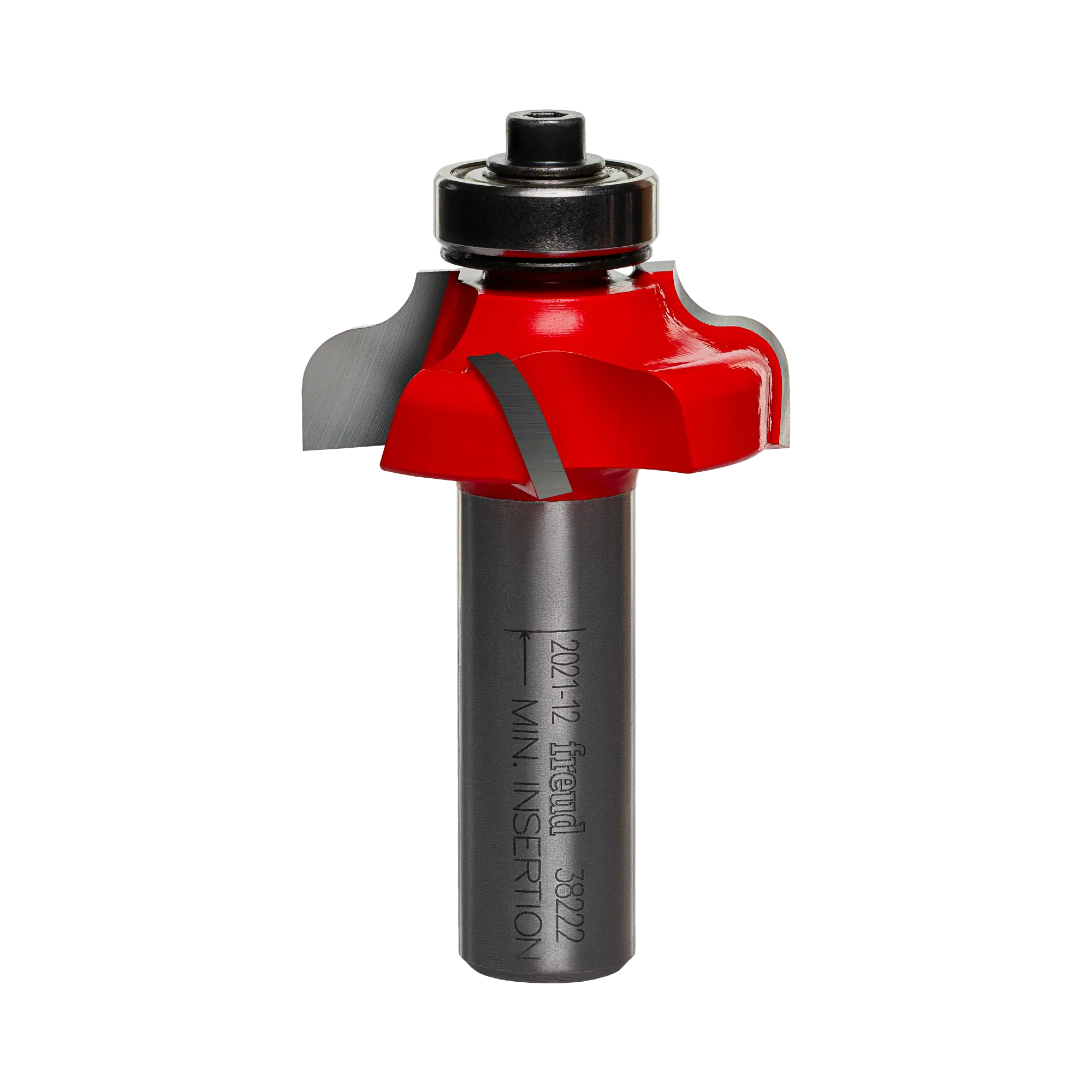 Studio shot of the Freud 38-222 Ogee Fillet router bit featuring a red Perma-SHIELD body, four Quadra-Cut carbide cutters, 1/2 inch silver shank, and top ball bearing guide.