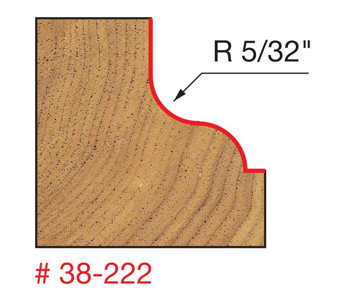 Technical diagram illustrating the Ogee Fillet profile cut made by the Freud 38-222 bit into a wood edge, specifying a 5/32 inch radius.