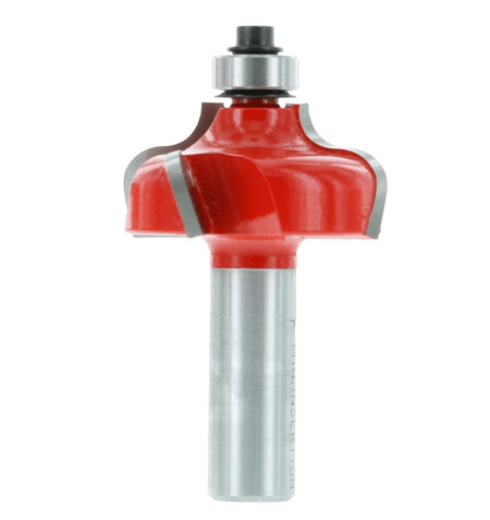 Studio shot of the Freud 38-224 Ogee Fillet router bit featuring a red Perma-SHIELD body, four Quadra-Cut carbide cutters, 1/2 inch silver shank, and top ball bearing guide.