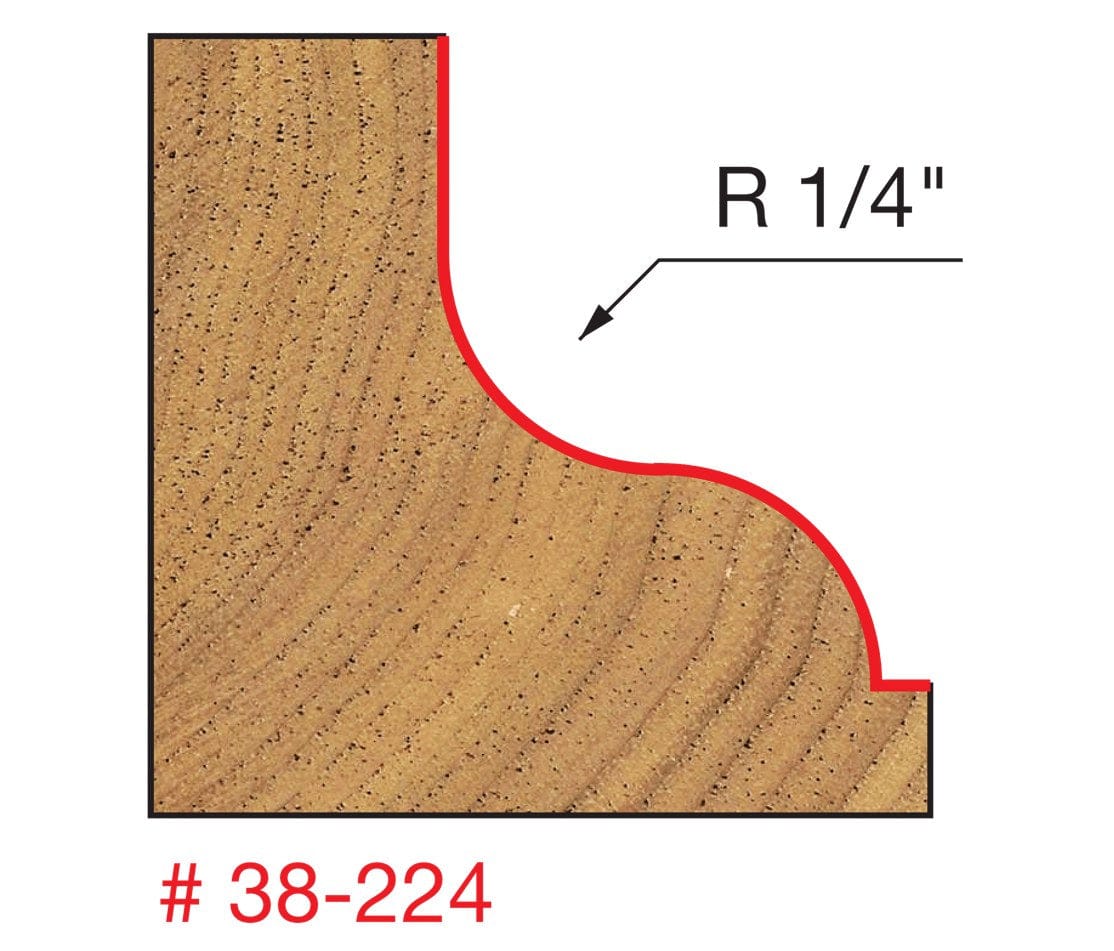 Technical diagram illustrating the Ogee Fillet profile cut made by the Freud 38-224 bit into a wood edge, specifying a 1/4 inch radius.