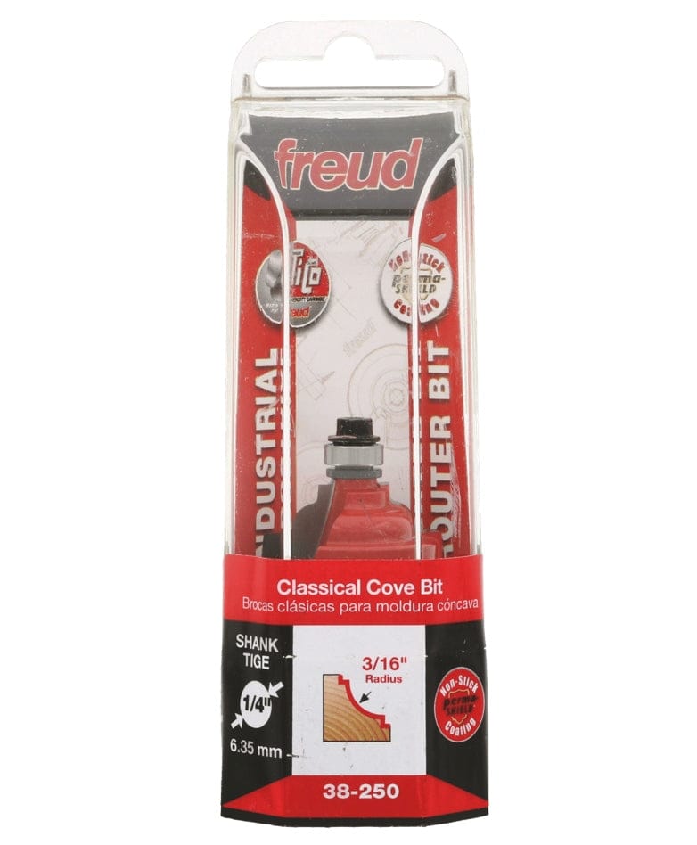 Retail packaging for the Freud 38-250 Industrial Router Bit, clearly displaying the bit inside a plastic case with text indicating a Classical Cove profile, 3/16 inch radius, and 1/4 inch shank.