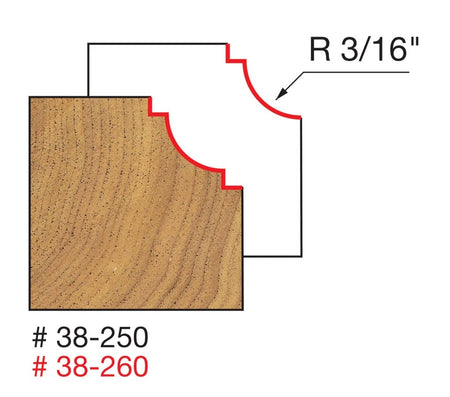 Technical profile diagram illustrating the Classical Cove shape cut by the Freud 38-250 bit into a wood edge, showing the concave curve with top and bottom steps and specifying a 3/16 inch radius.