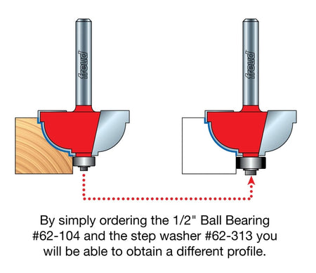 Technical illustration showing how to alter the edge profile of the Freud 38-250 bit by swapping the standard bearing for a 1/2 inch ball bearing and step washer.
