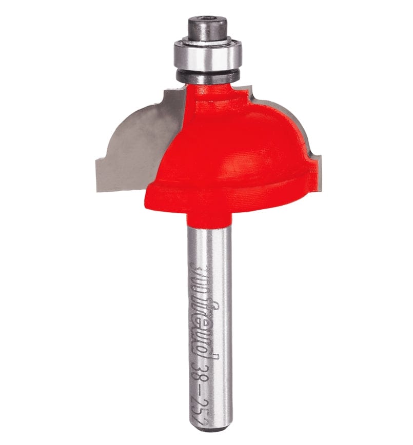 Studio shot of the Freud 38-252 Classical Cove router bit featuring a red Perma-SHIELD body, two carbide cutters, 1/4 inch silver shank, and top ball bearing guide.