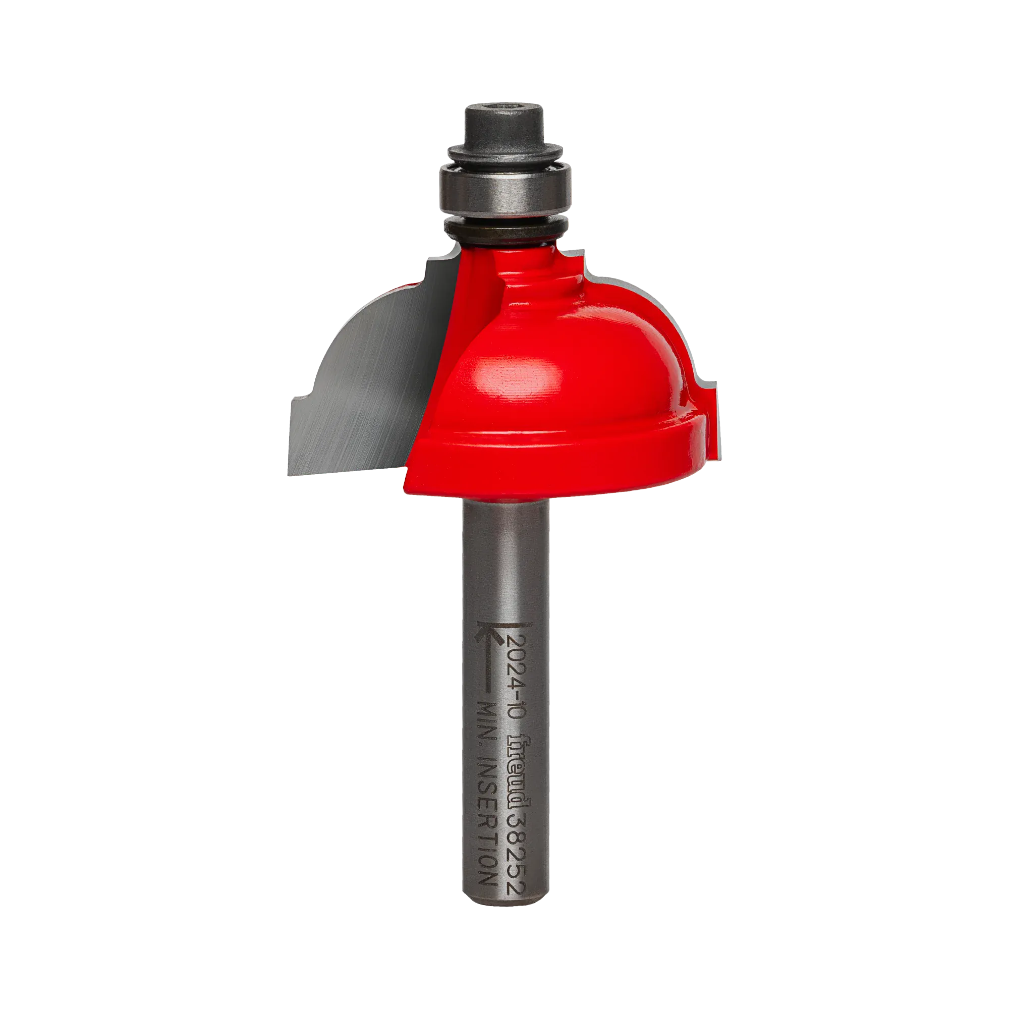 Studio shot of the Freud 38-252 Classical Cove router bit featuring a red Perma-SHIELD body, two carbide cutters, 1/4 inch silver shank, and top ball bearing guide.