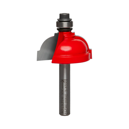 Studio shot of the Freud 38-252 Classical Cove router bit featuring a red Perma-SHIELD body, two carbide cutters, 1/4 inch silver shank, and top ball bearing guide.