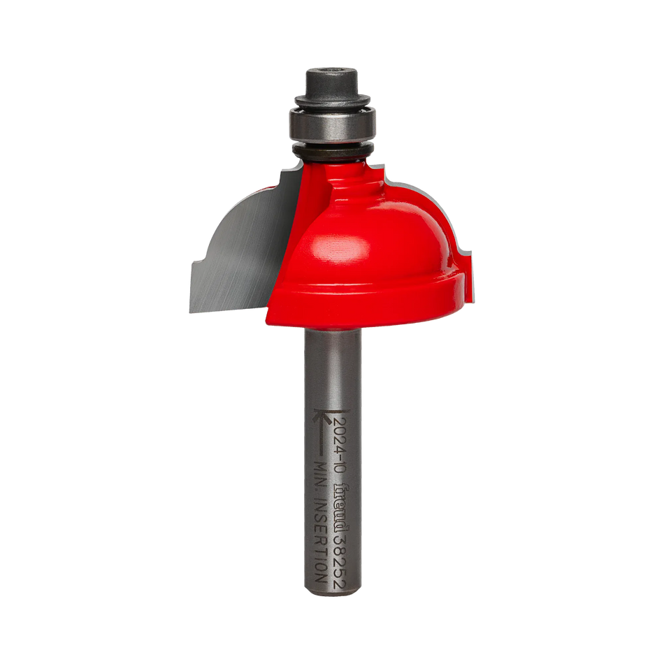 Studio shot of the Freud 38-252 Classical Cove router bit featuring a red Perma-SHIELD body, two carbide cutters, 1/4 inch silver shank, and top ball bearing guide.