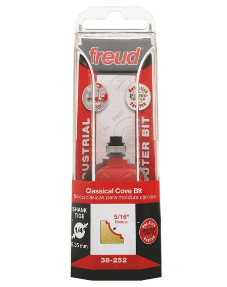 Retail packaging for the Freud 38-252 Industrial Router Bit, clearly displaying the bit inside a plastic case with text indicating a Classical Cove profile, 5/16 inch radius, and 1/4 inch shank.