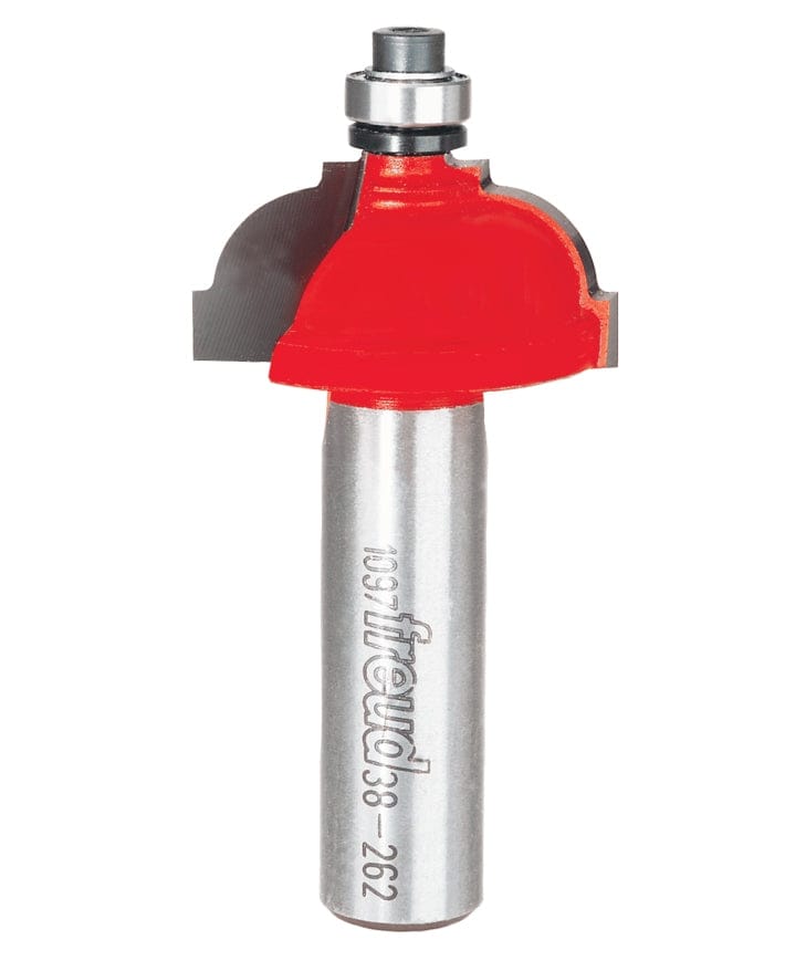Studio shot of the Freud 38-262 Classical Cove router bit featuring a red Perma-SHIELD body, two carbide cutters, 1/2 inch silver shank, and top ball bearing guide.