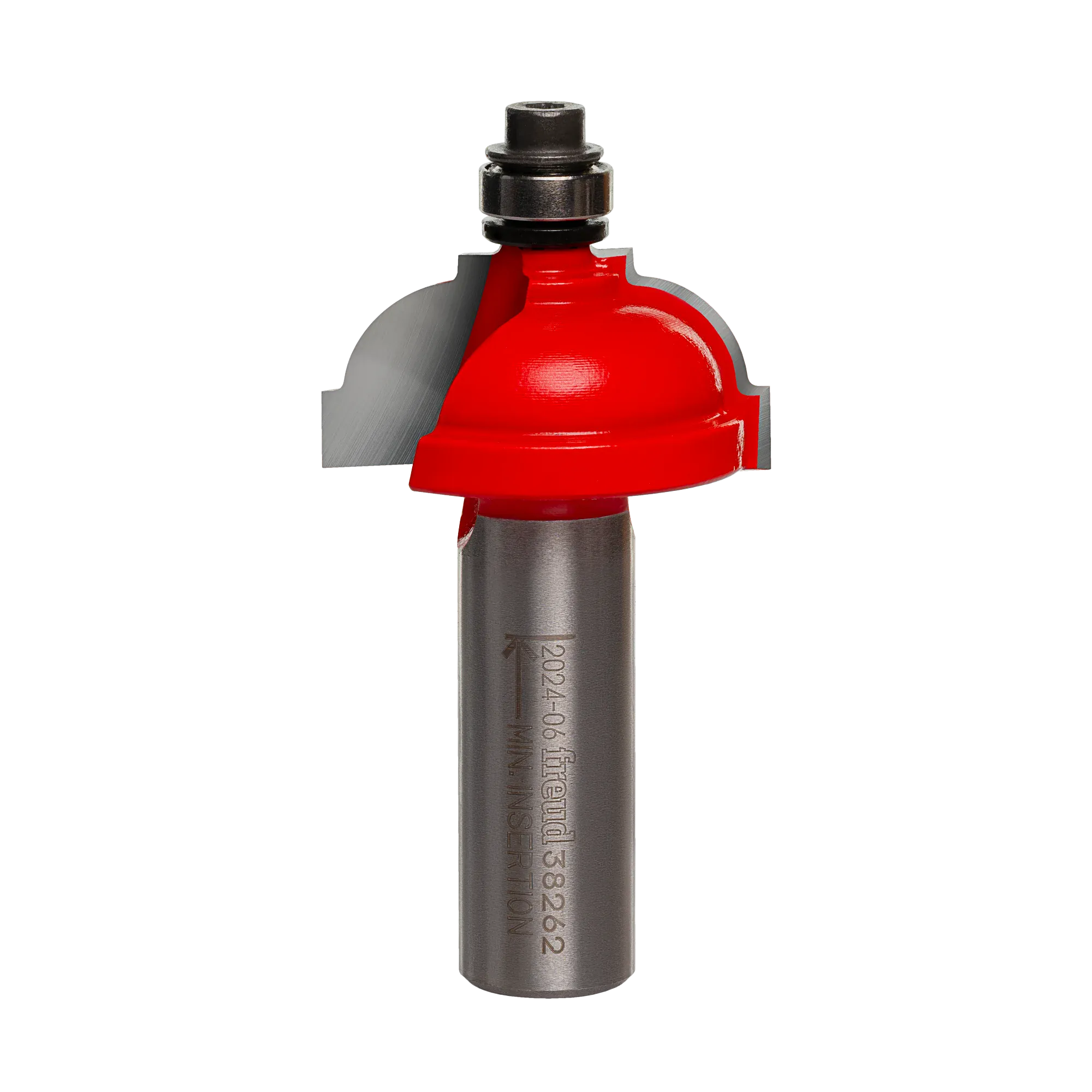 Studio shot of the Freud 38-262 Classical Cove router bit featuring a red Perma-SHIELD body, two carbide cutters, 1/2 inch silver shank, and top ball bearing guide.