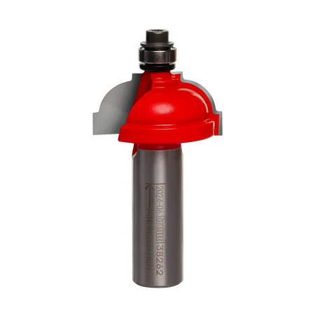 Studio shot of the Freud 38-262 Classical Cove router bit featuring a red Perma-SHIELD body, two carbide cutters, 1/2 inch silver shank, and top ball bearing guide.