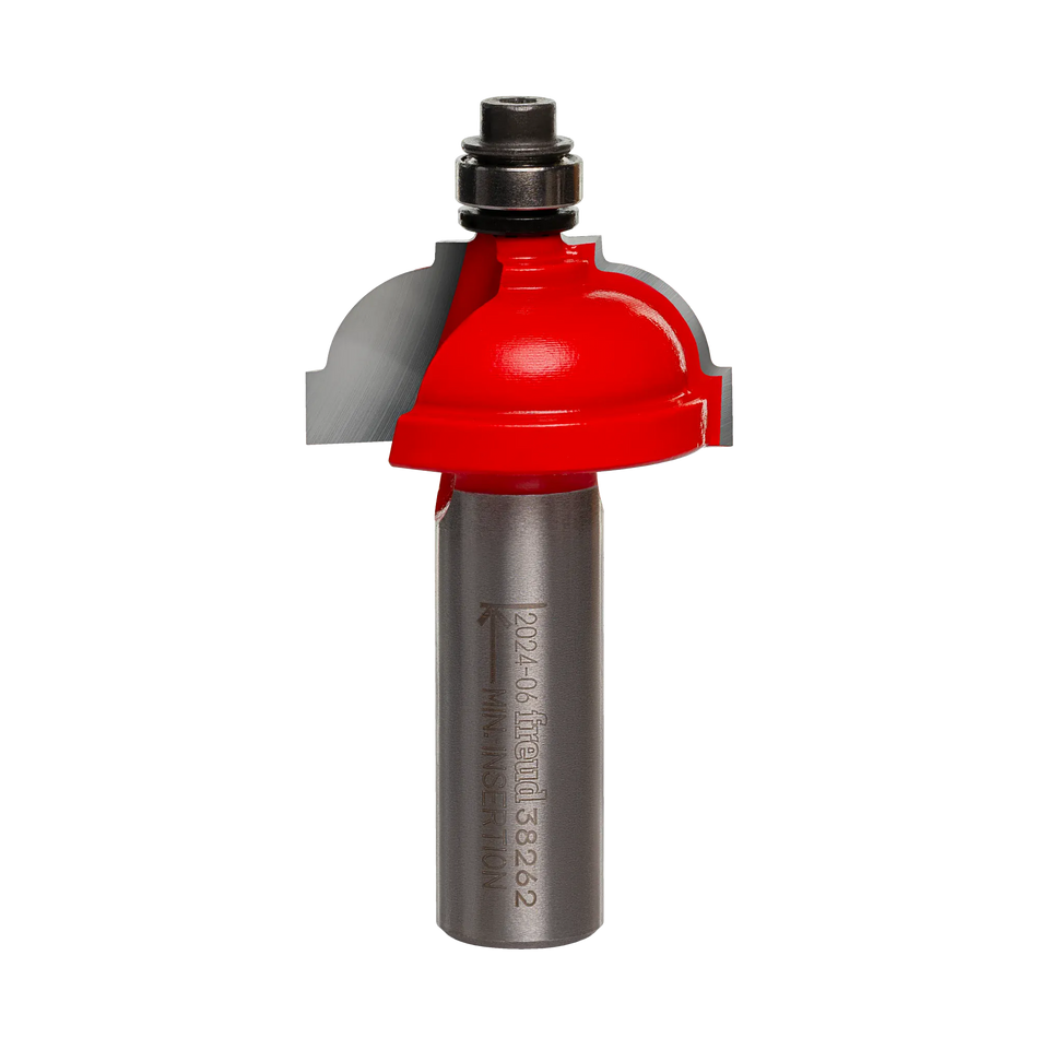 Studio shot of the Freud 38-262 Classical Cove router bit featuring a red Perma-SHIELD body, two carbide cutters, 1/2 inch silver shank, and top ball bearing guide.
