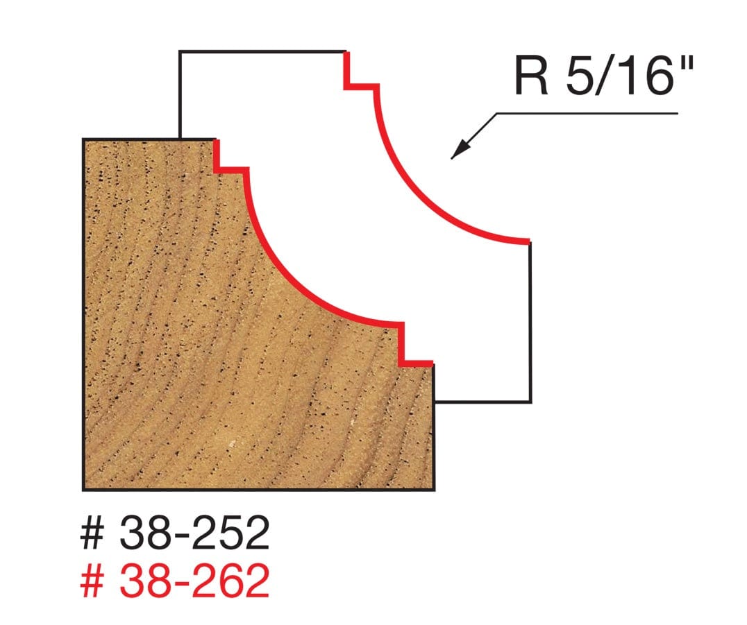 Technical profile diagram illustrating the Classical Cove shape cut into a wood edge, showing a concave curve with top and bottom steps and specifying a 5/16 inch radius, labeled for models 38-252 and 38-262.